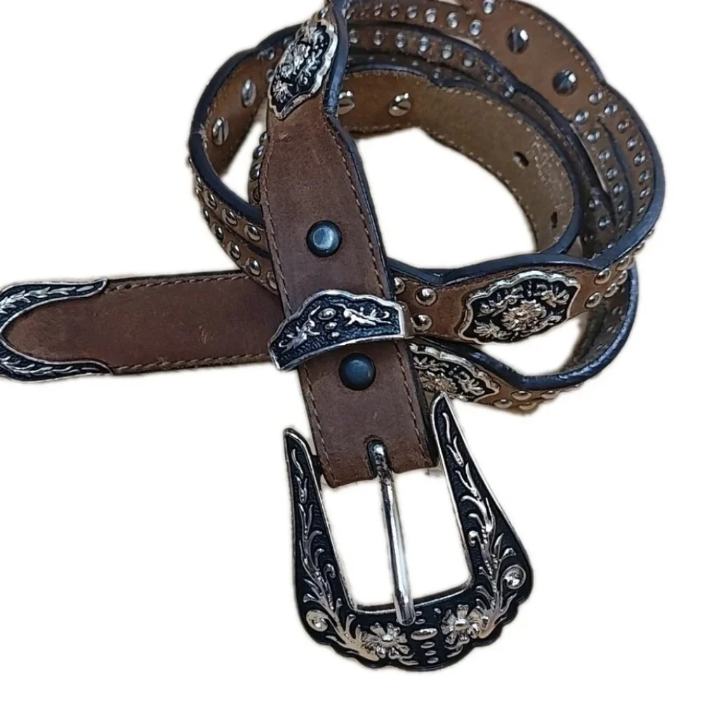 Vtg Nocona 3012044 Western Cut Away Brown Leather Studded Belt Adult Sz 36-40